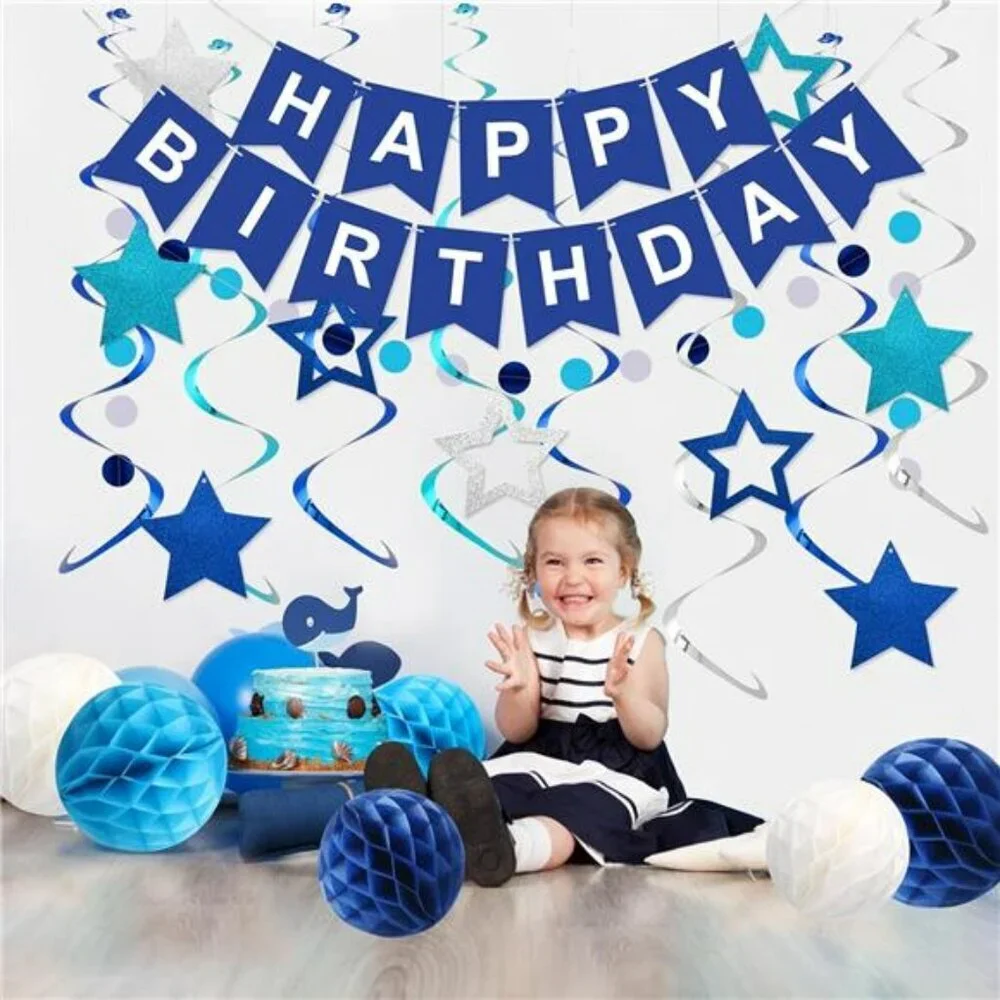 Blue Happy Birthday Party Decorations Set Banner Swirls Garland for Kids Adults